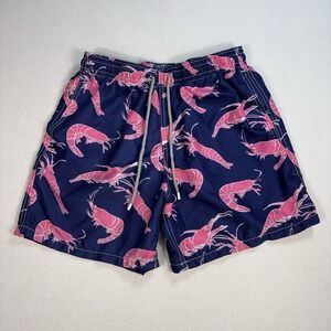 Vilebrequin Swim Trunks Men's S Navy Pink Shrimp Mesh Lined Drawstring‎ *STAIN*